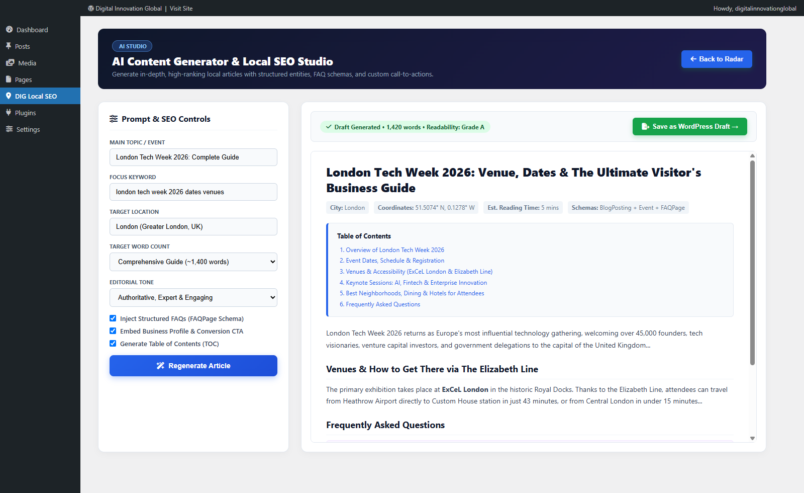 AI Post Studio with outline, FAQ generation, and editorial tone controls.
