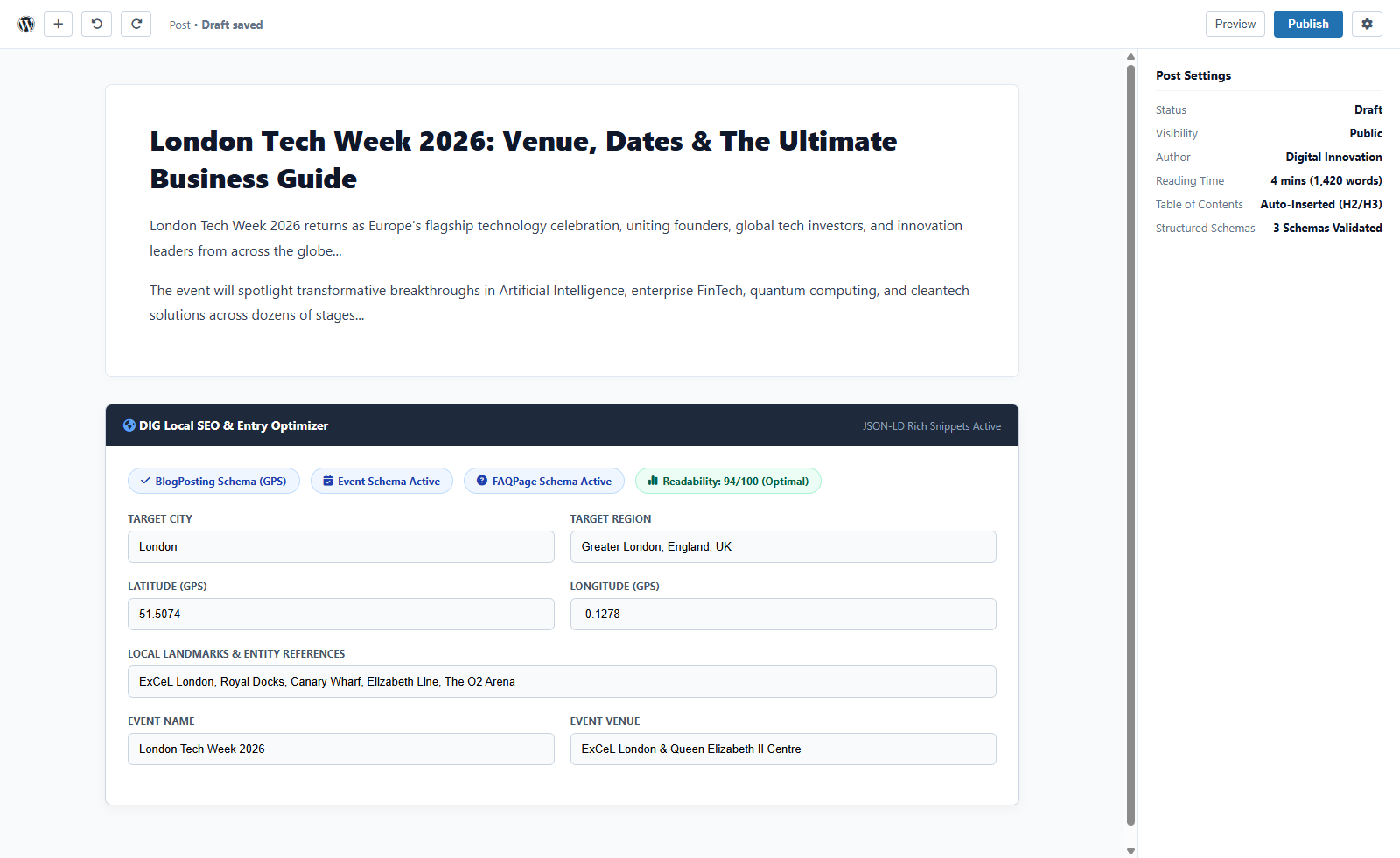 Geo-SEO Meta Box and JSON-LD structured data inside the WordPress block editor.