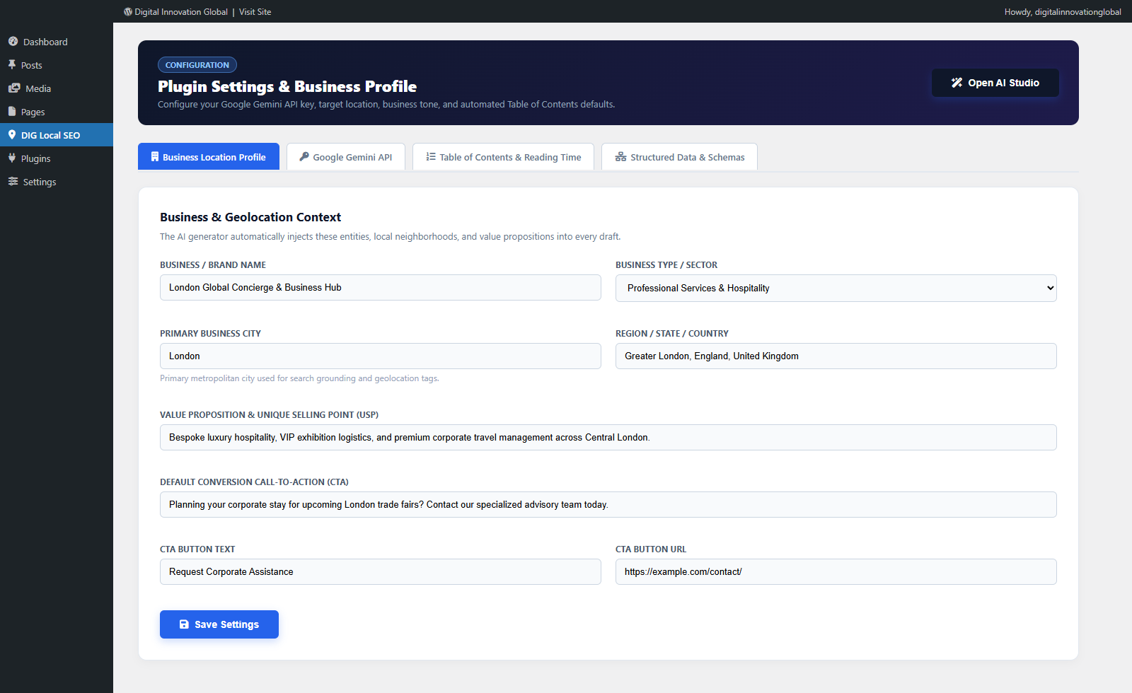 Plugin settings and business location profile configuration.