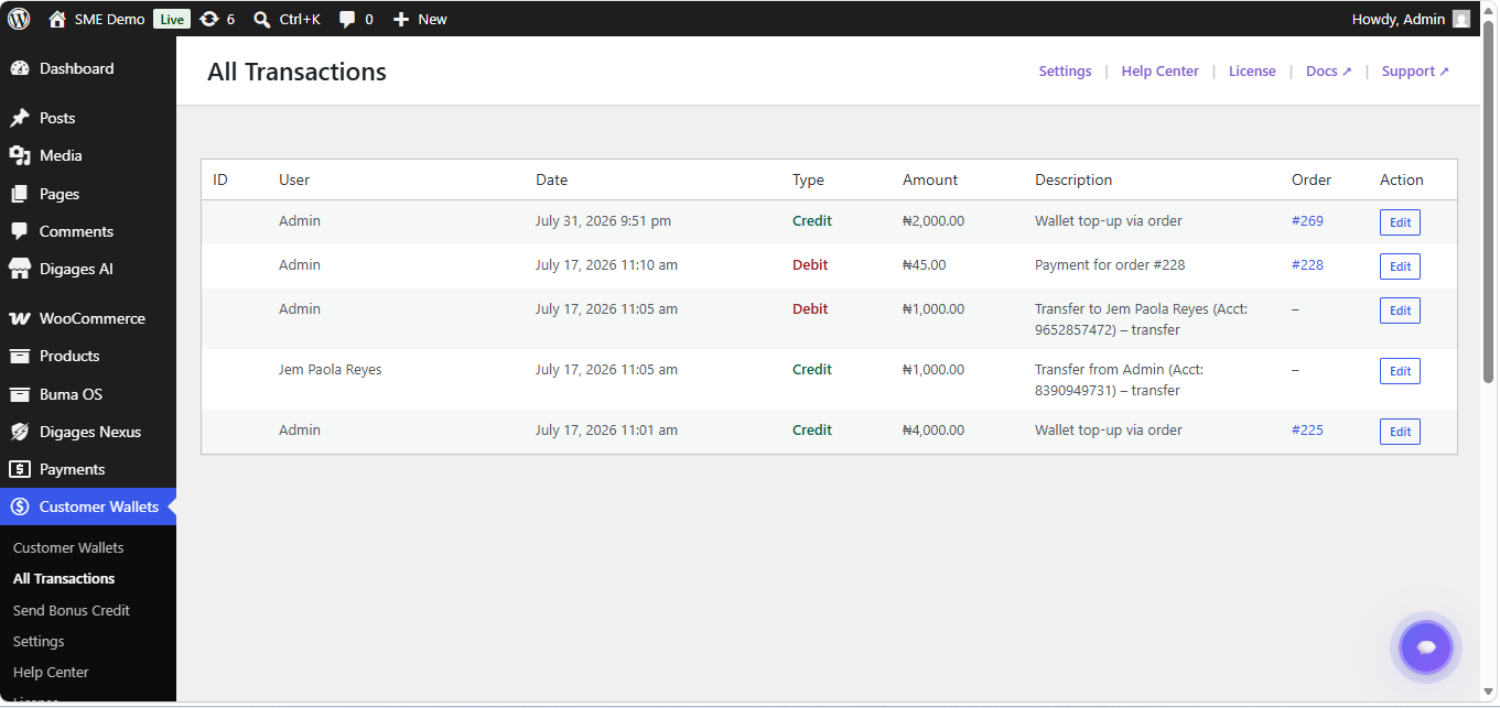 Built-in Help Center with wallet shortcuts and support resources.