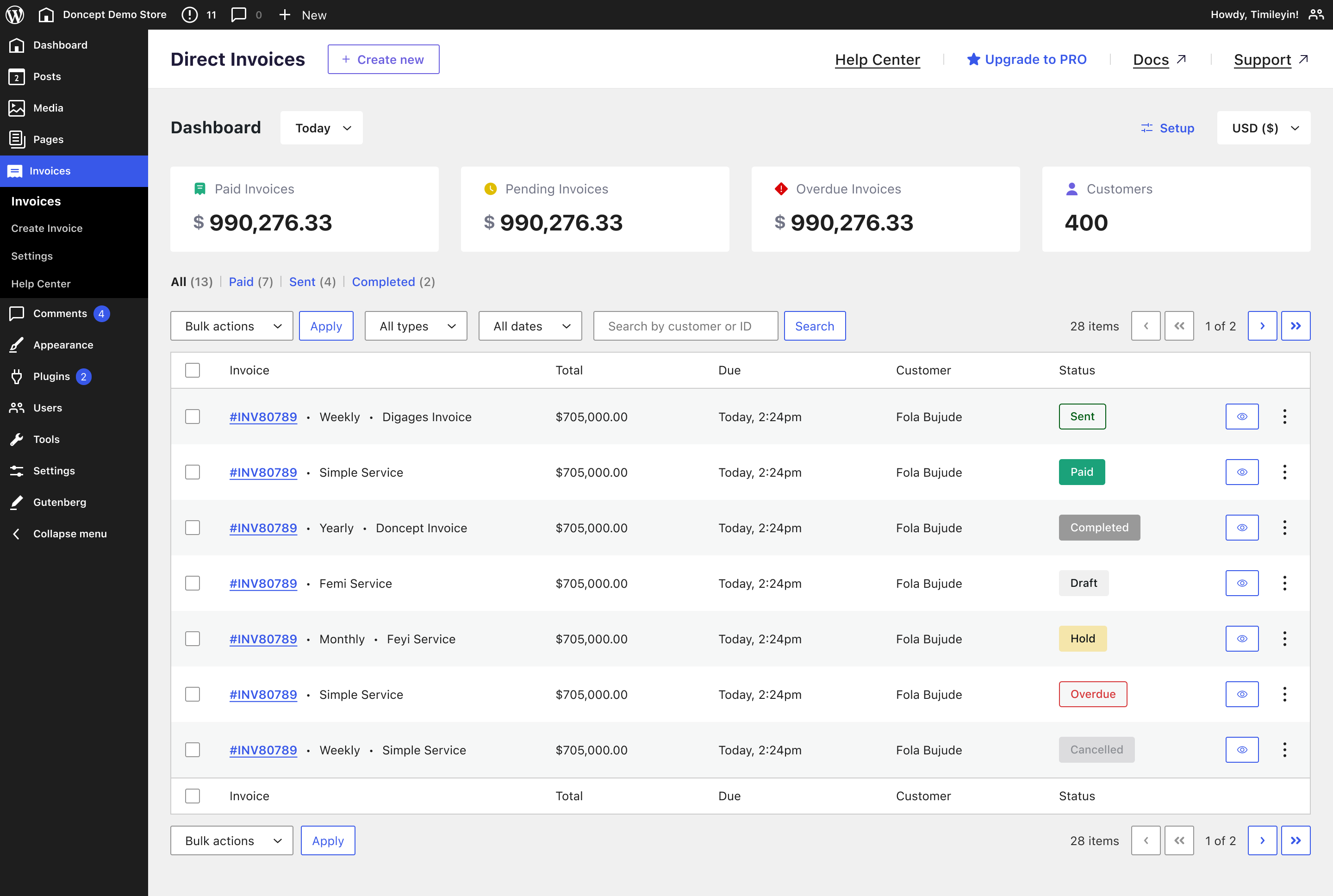 Direct Invoices Dashboard