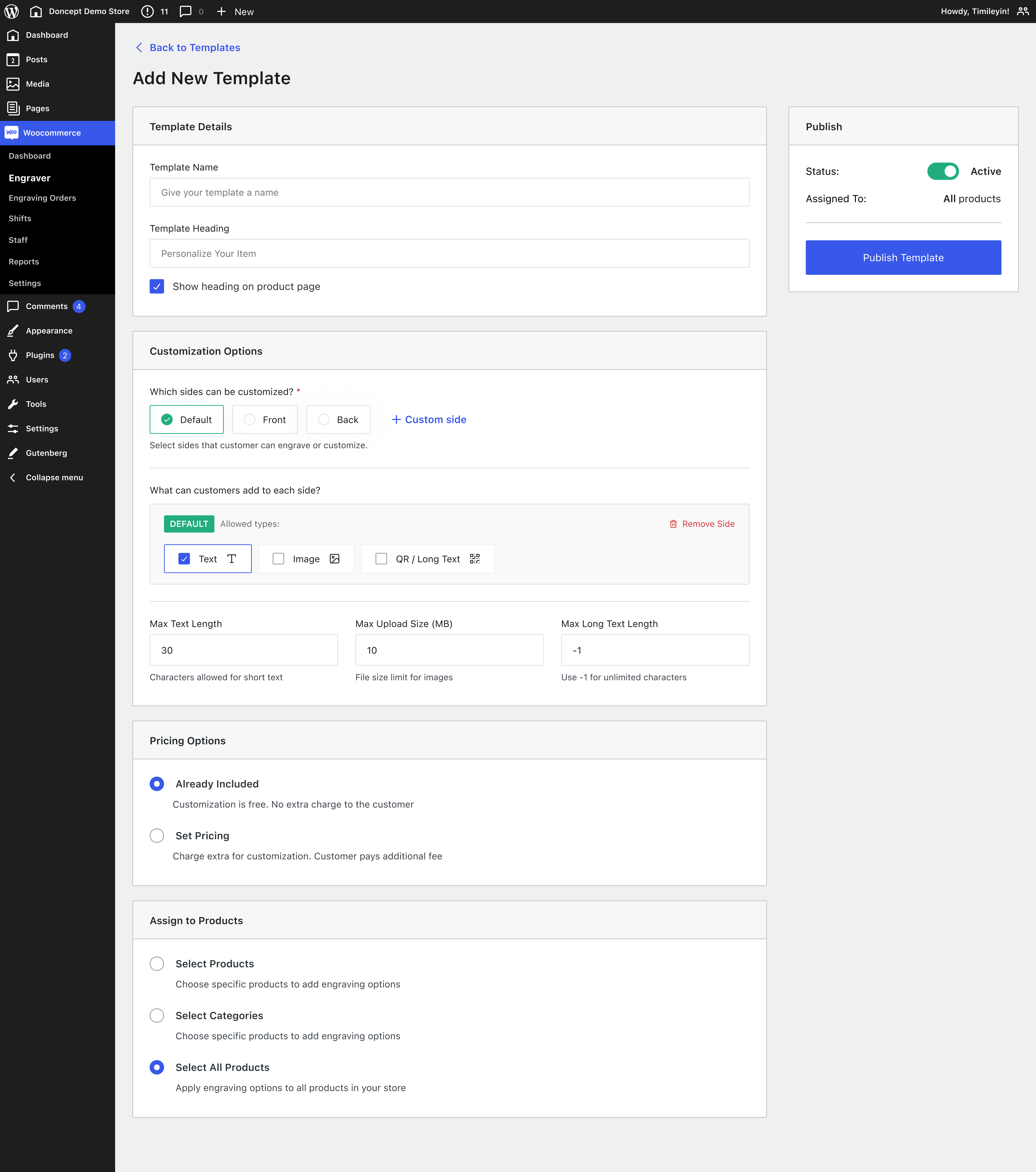 Template Settings - configure personalization, pricing, and product assignments.