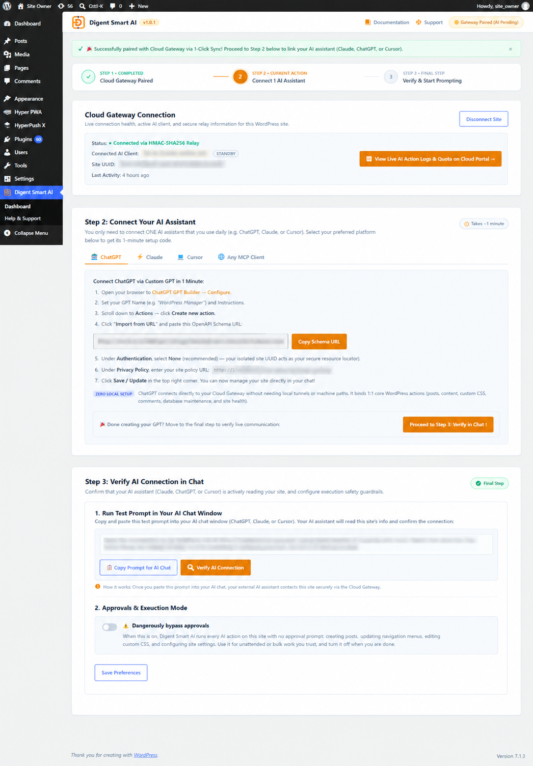WordPress Admin Control Panel: Complete view of the Digent Smart AI dashboard showing live MCP server status (HTTP & SSE), 1-Click Cloud Gateway bridge, 7 operational engines, and real-time telemetry.