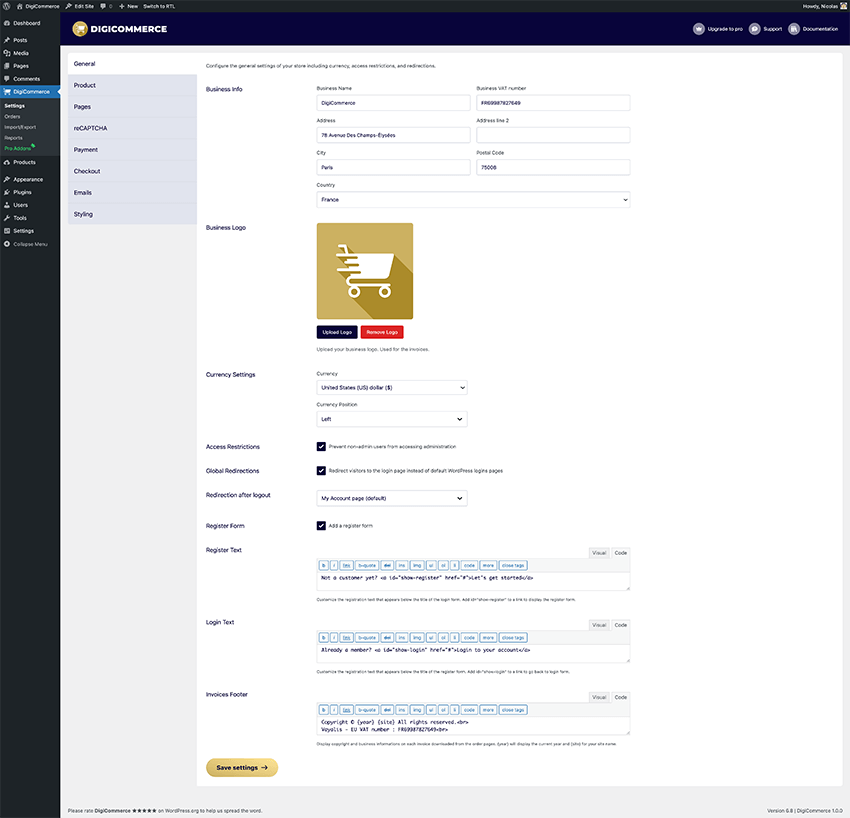 Dashboard Plugin Settings: Configure your DigiCommerce store settings and options.