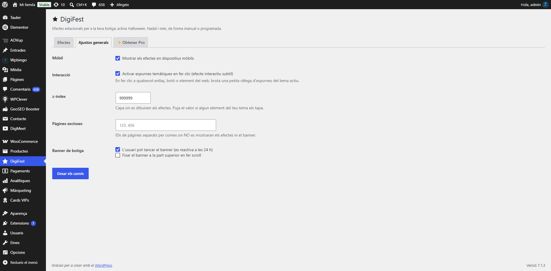 General settings: Mobile responsiveness toggle, click sparkles interaction, custom z-index and excluded pages.