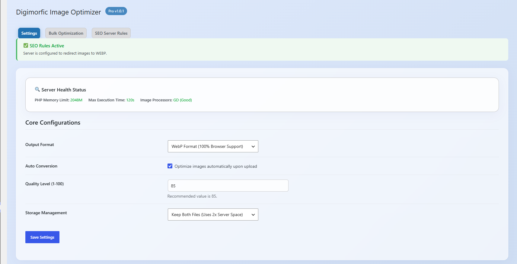 Core Settings & Server Health: Configure output format (WebP/AVIF), quality, independent storage rules, and monitor server capabilities.