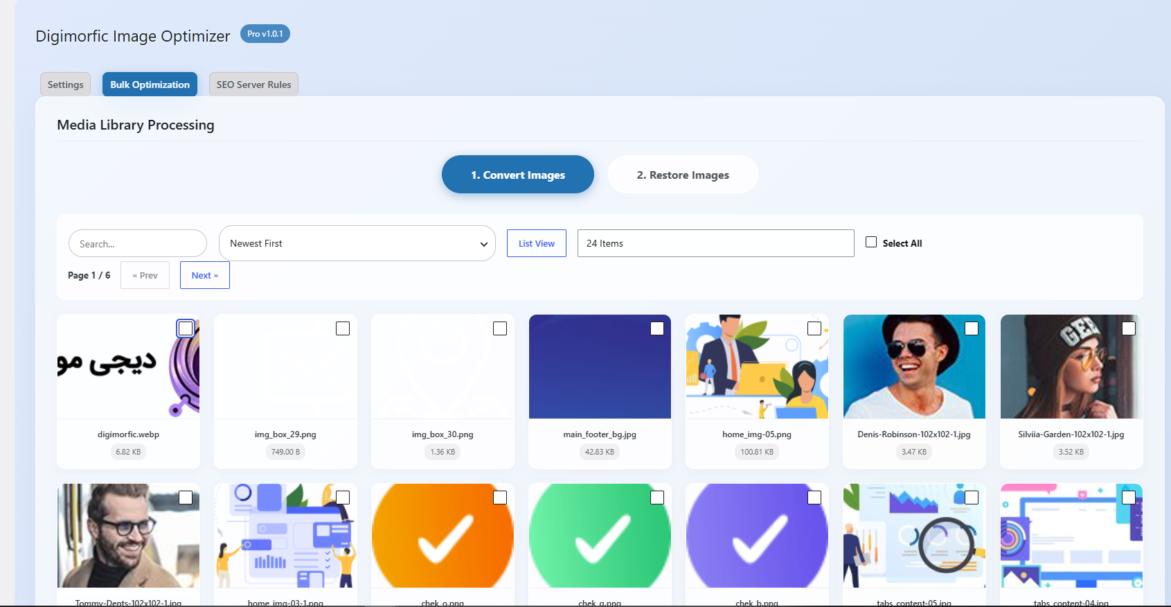Bulk Optimization (Grid View): Scan your media library, filter images, and convert multiple files simultaneously with modern glassmorphism UI.