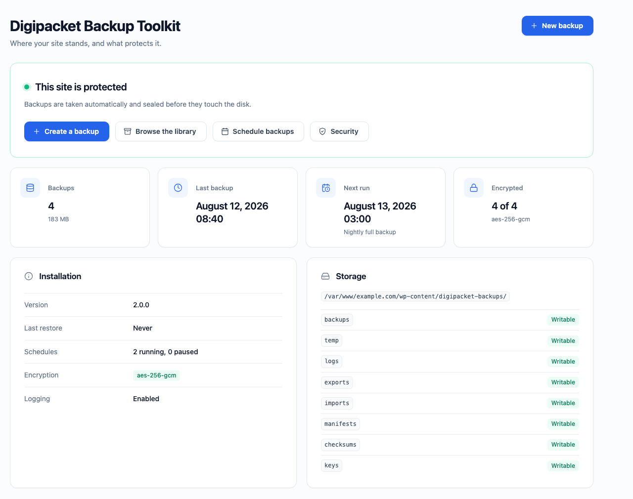 The dashboard: one verdict on whether the site is protected, and the shortcut that fixes what is missing.