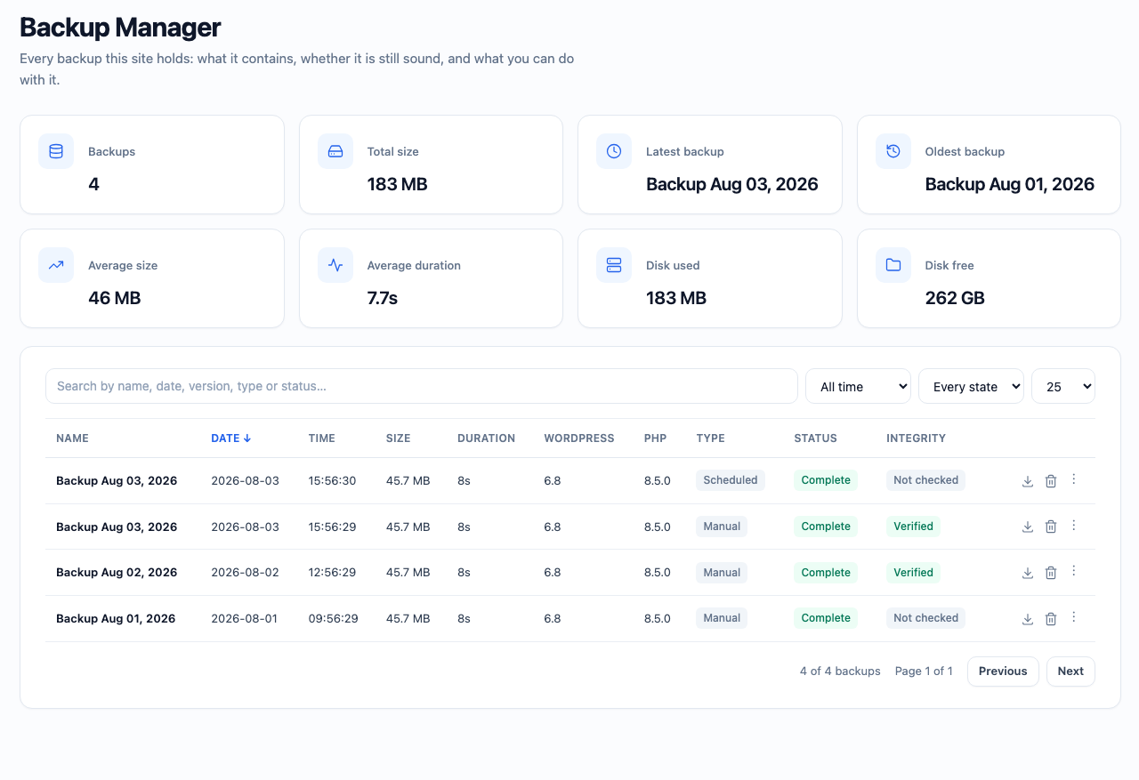 The Backup Manager: every archive with its size, its origin and what the last integrity check concluded.