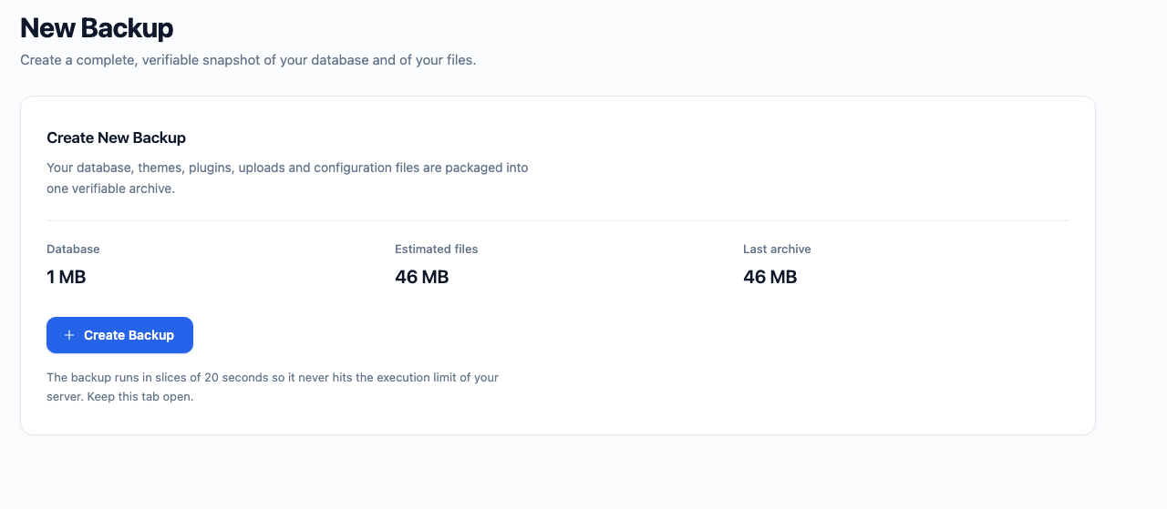 Starting a backup, with the size the archive is expected to reach.