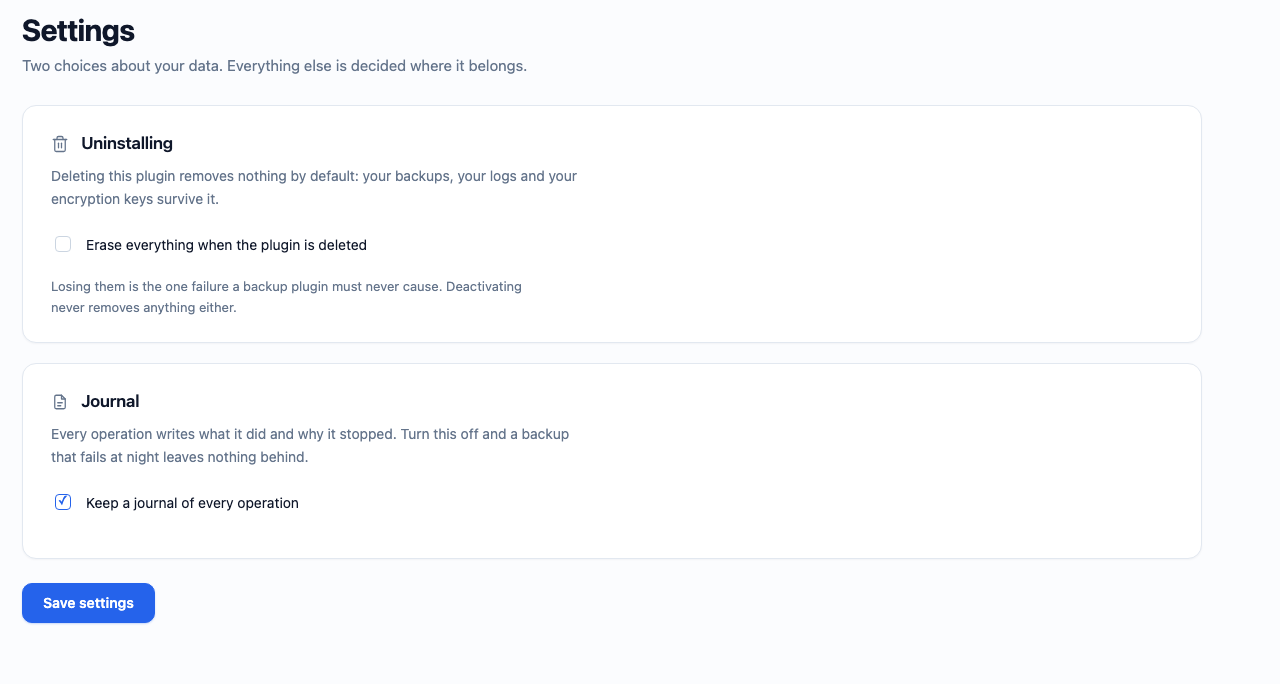 Settings: what deleting the plugin does to your archives — nothing, unless you say so.