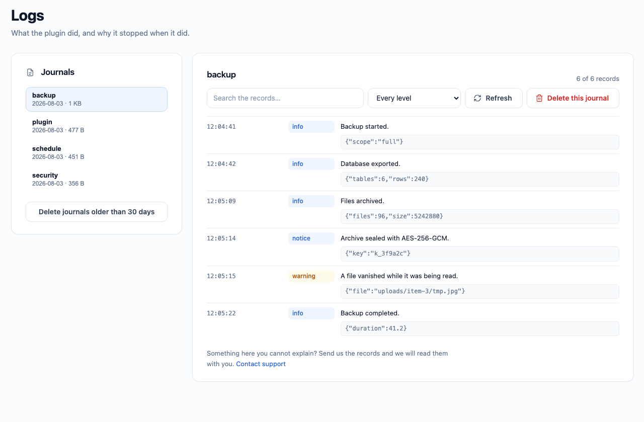 Logs: every journal the plugin keeps of its own work, ready to be read or cleared.