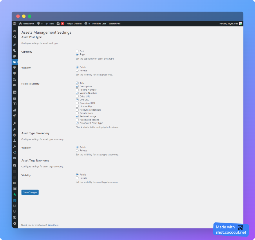 Settings Page - Settings to configure the visibility type of the respective post type and taxonomies.