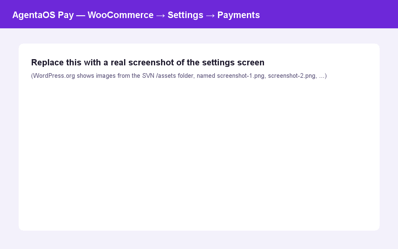 AgentaOS Pay settings under WooCommerce → Settings → Payments (environment, keys, currency conversion).