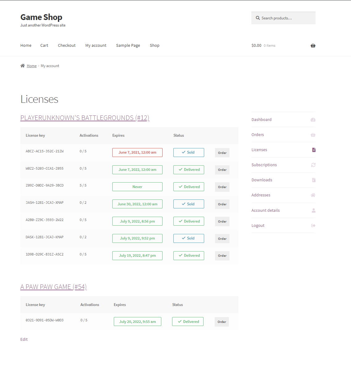 My Account - Licenses overview