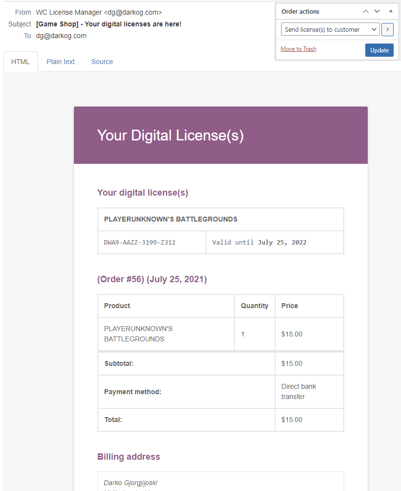 Re-send licenses via Order page