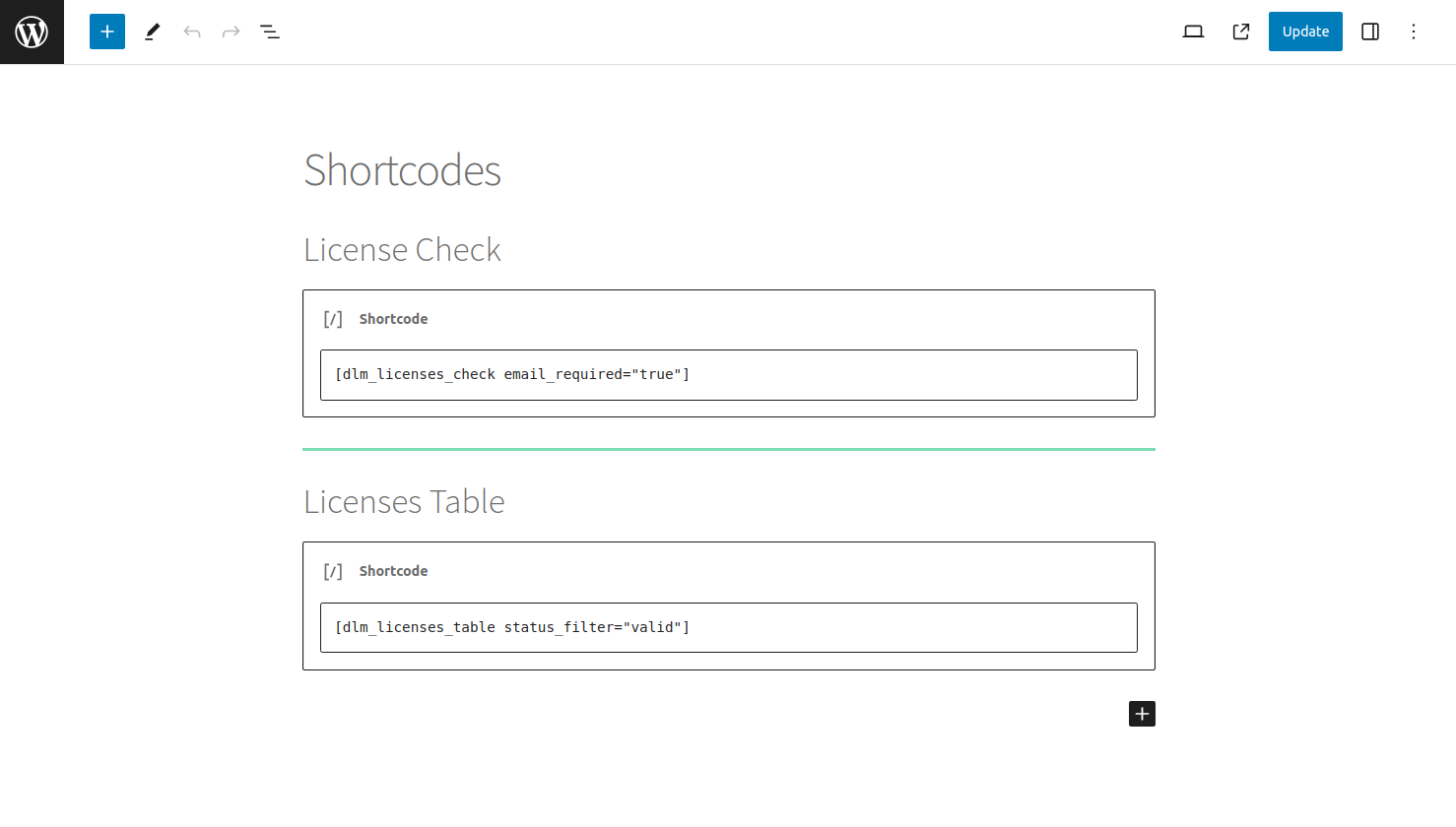 Shortcodes for user licenses table and license check form