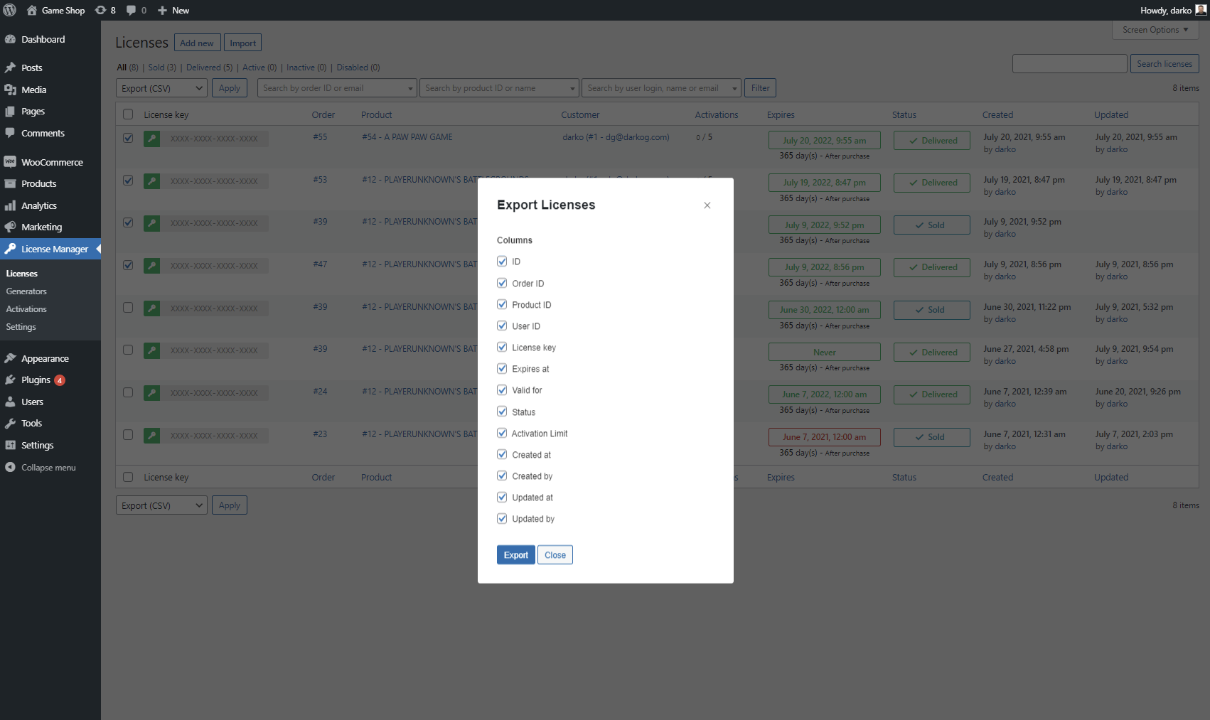 Licenses - CSV Export form