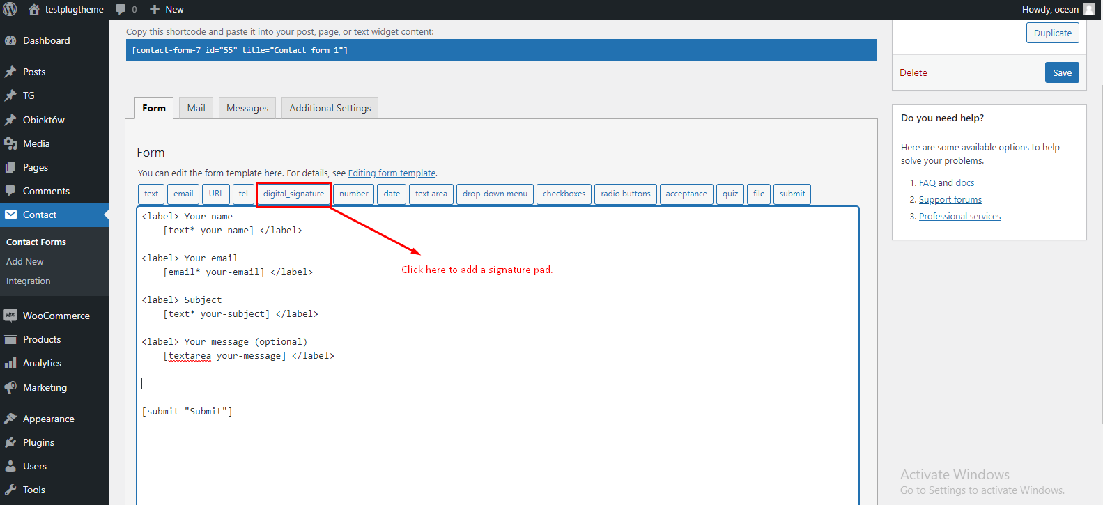 contact form 7 signature field