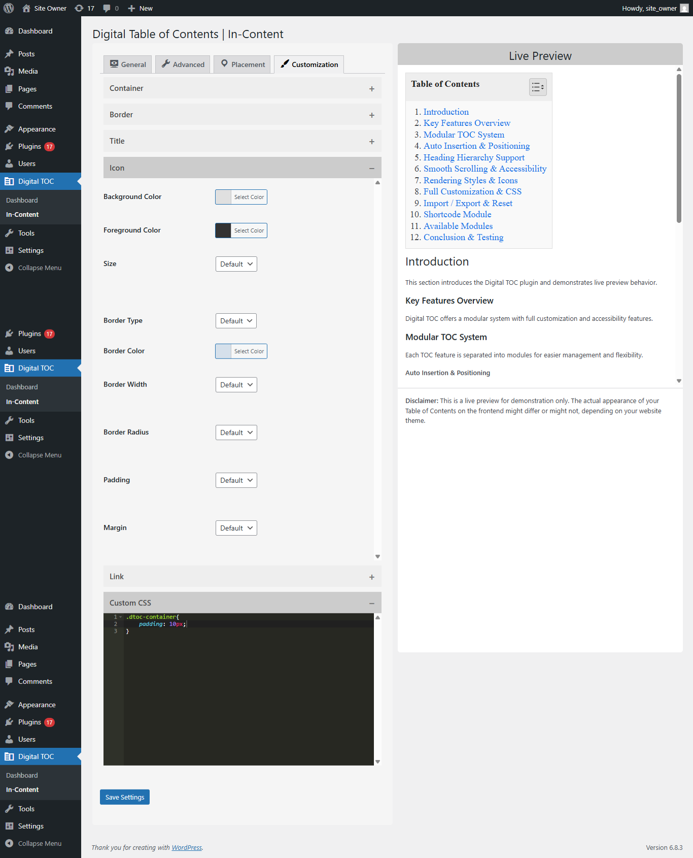 Admin tools section (Import/Export, Reset)