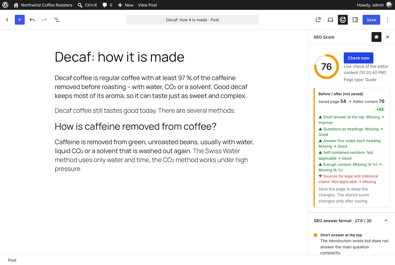 GEO Score in the block editor: check unsaved changes and compare before and after.