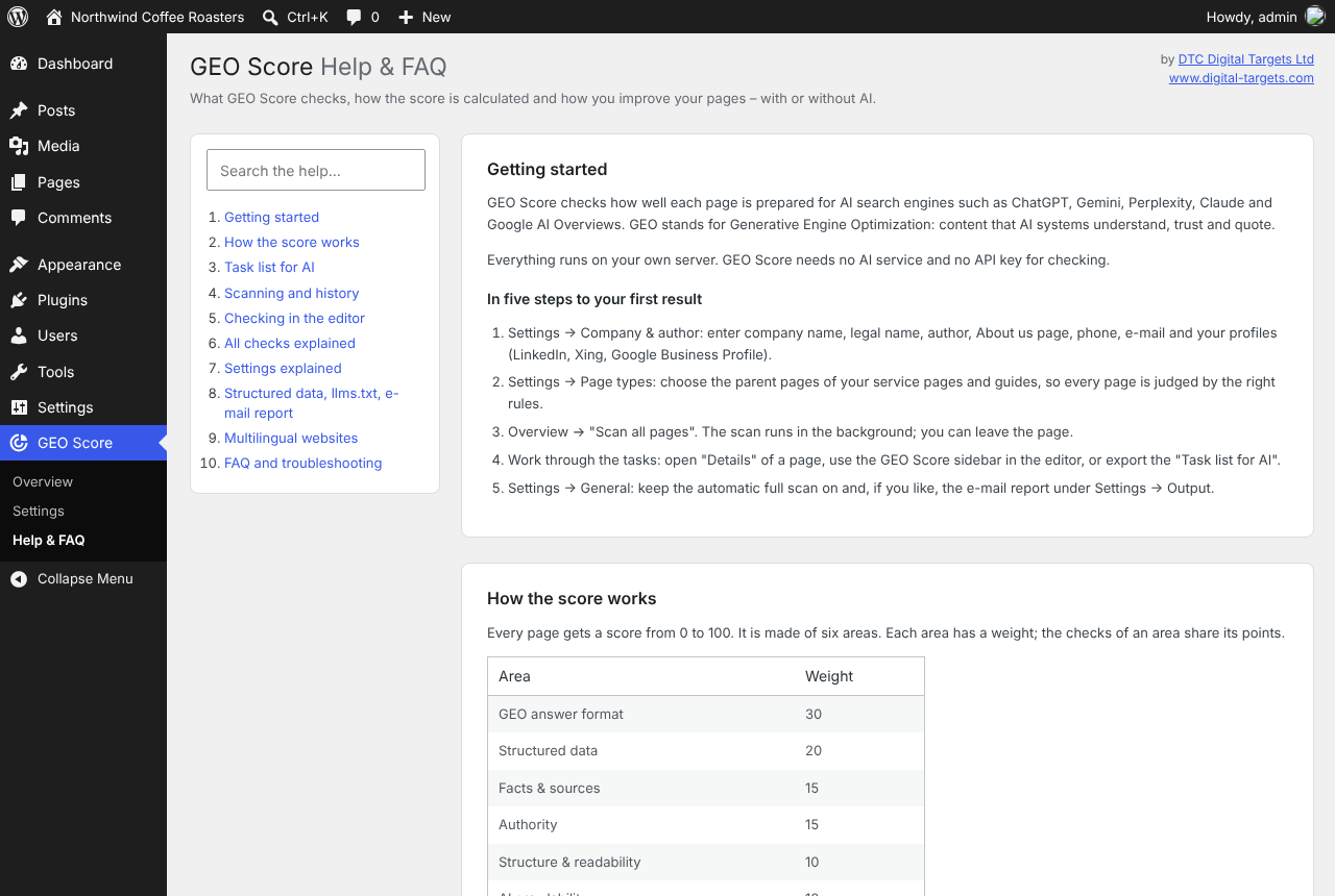 Help & FAQ inside the plugin, with every check explained.