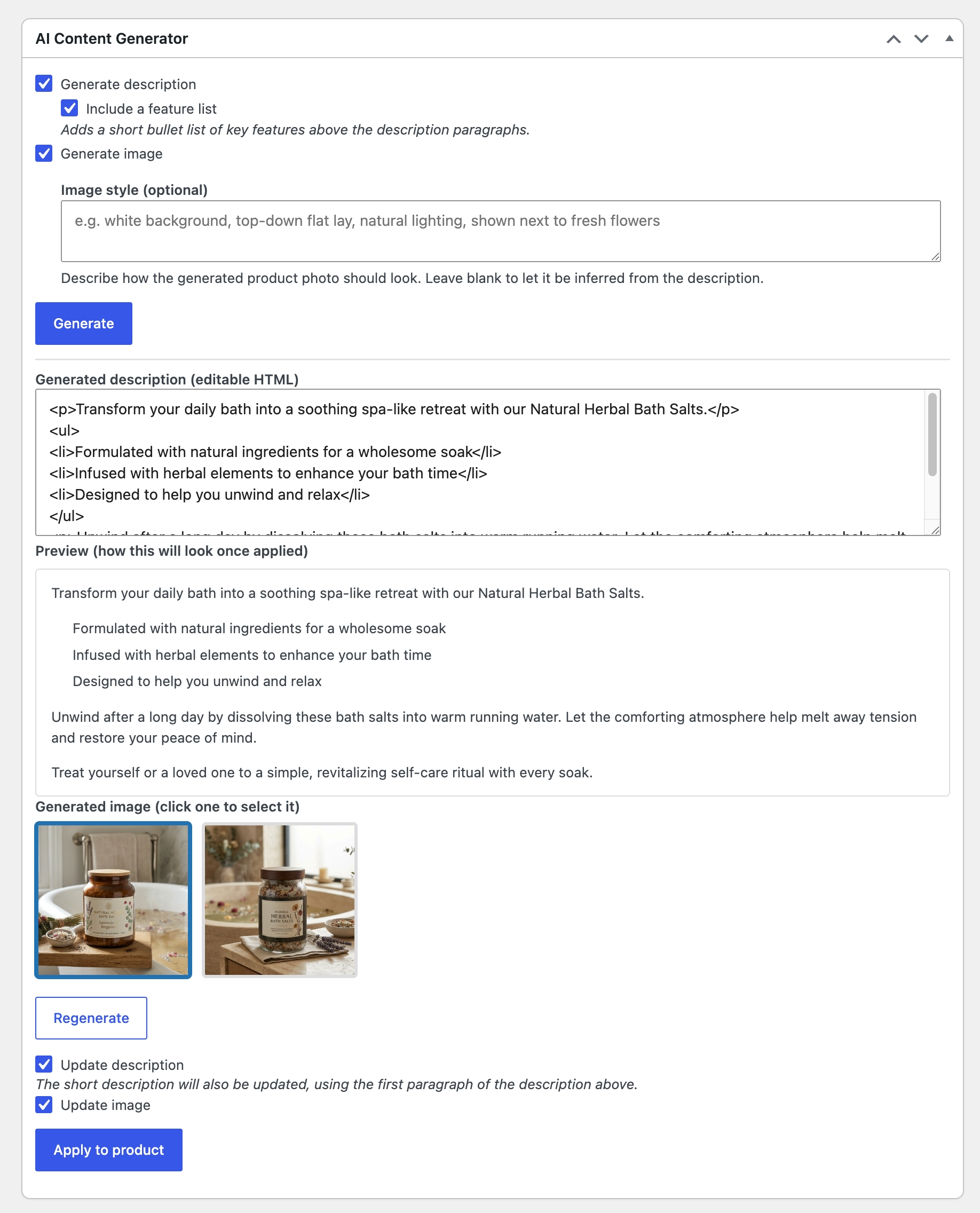 Reviewing a generated description (with feature list) and image candidates on the product edit screen, before applying them.