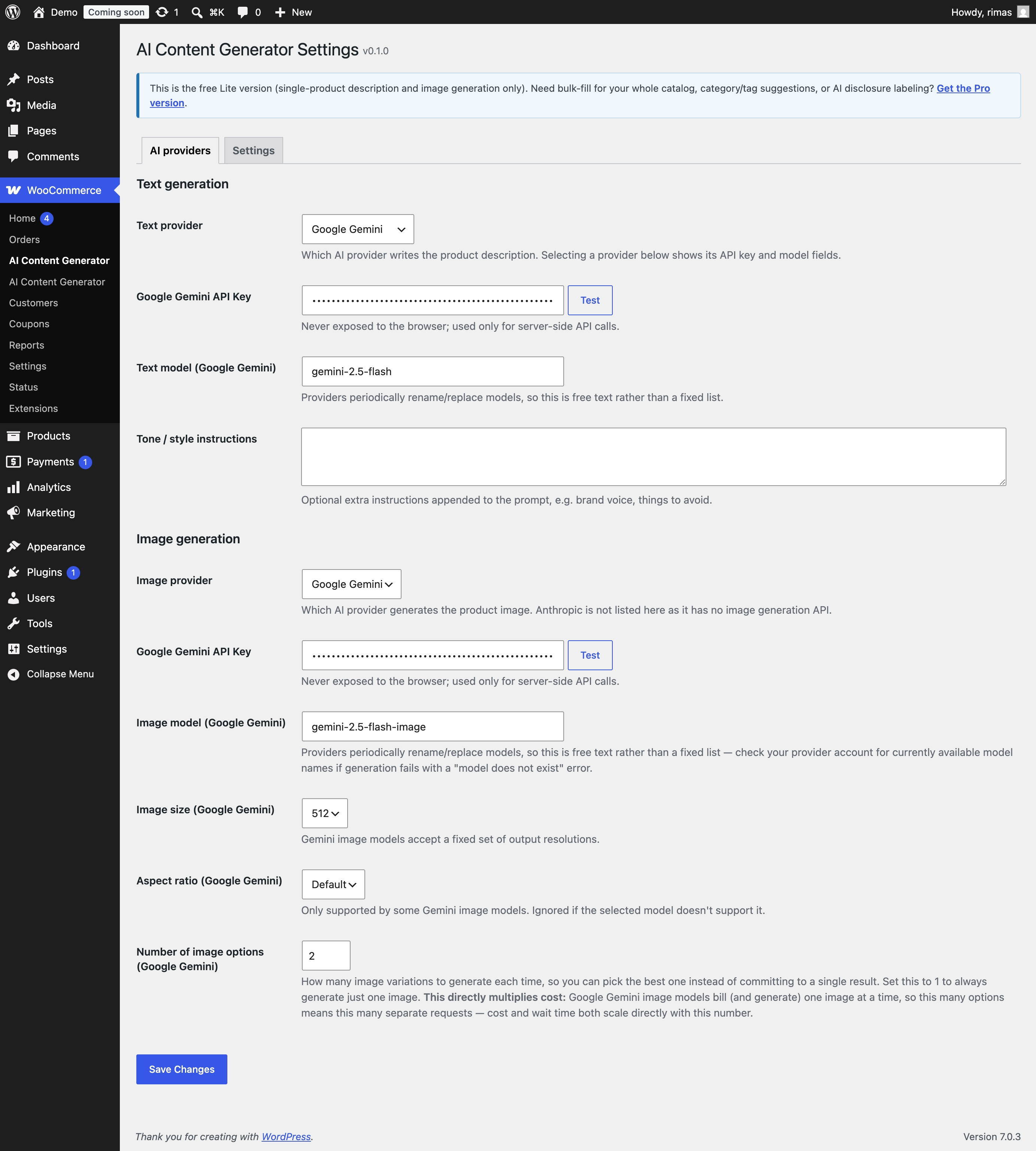 The AI providers settings screen — choose your text and image provider, add your API key, and configure models.