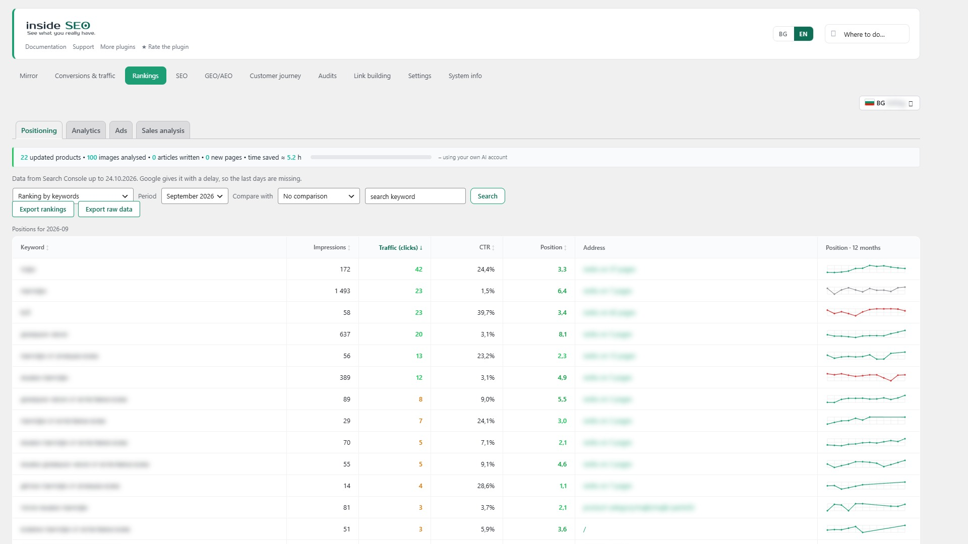 Rankings - keywords with impressions, clicks, CTR, position and a 12-month trend