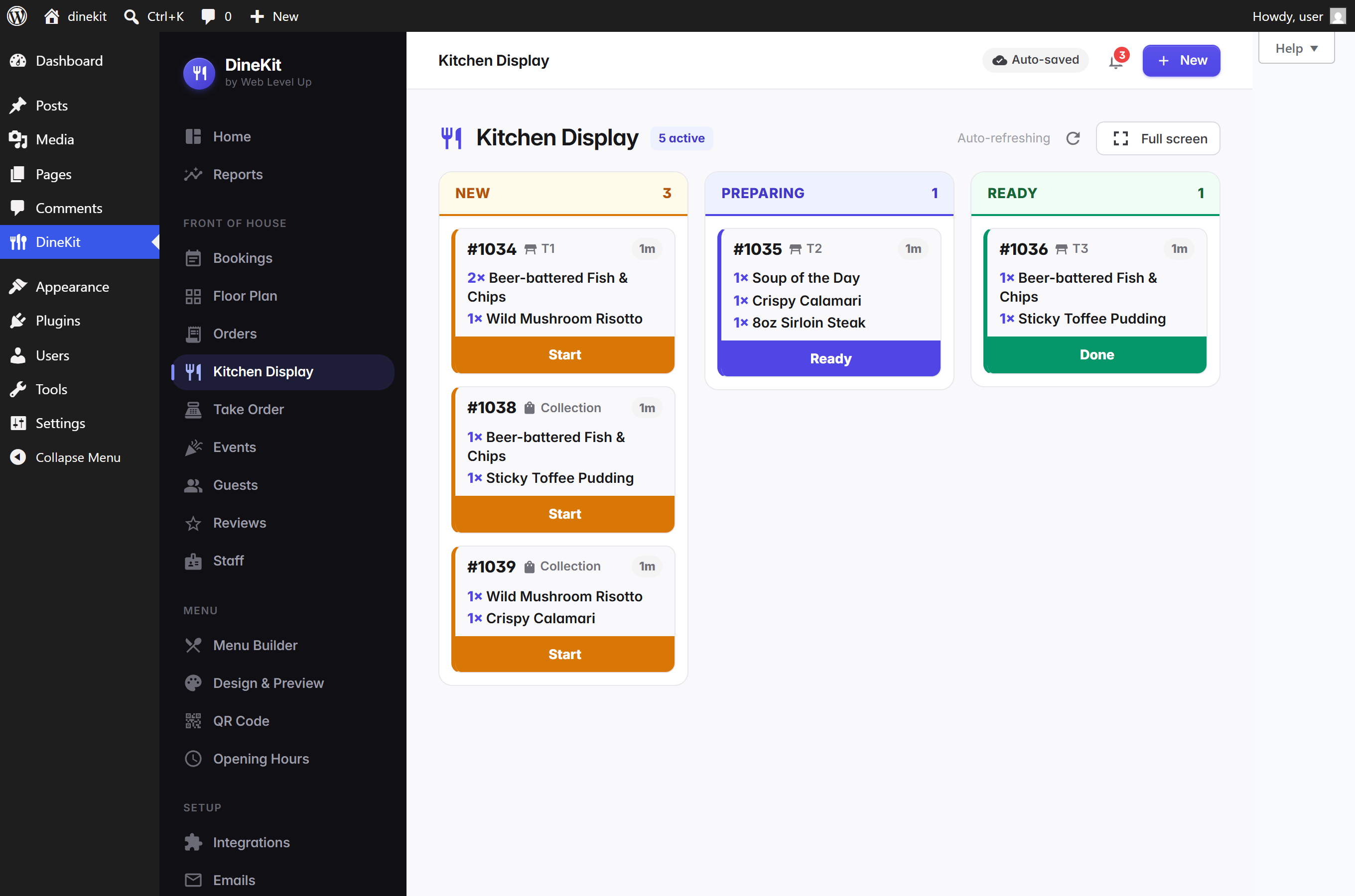 Kitchen Display — a live New → Preparing → Ready board; every fired round is its own ticket with a wait timer, and a full-screen mode for a kitchen TV.