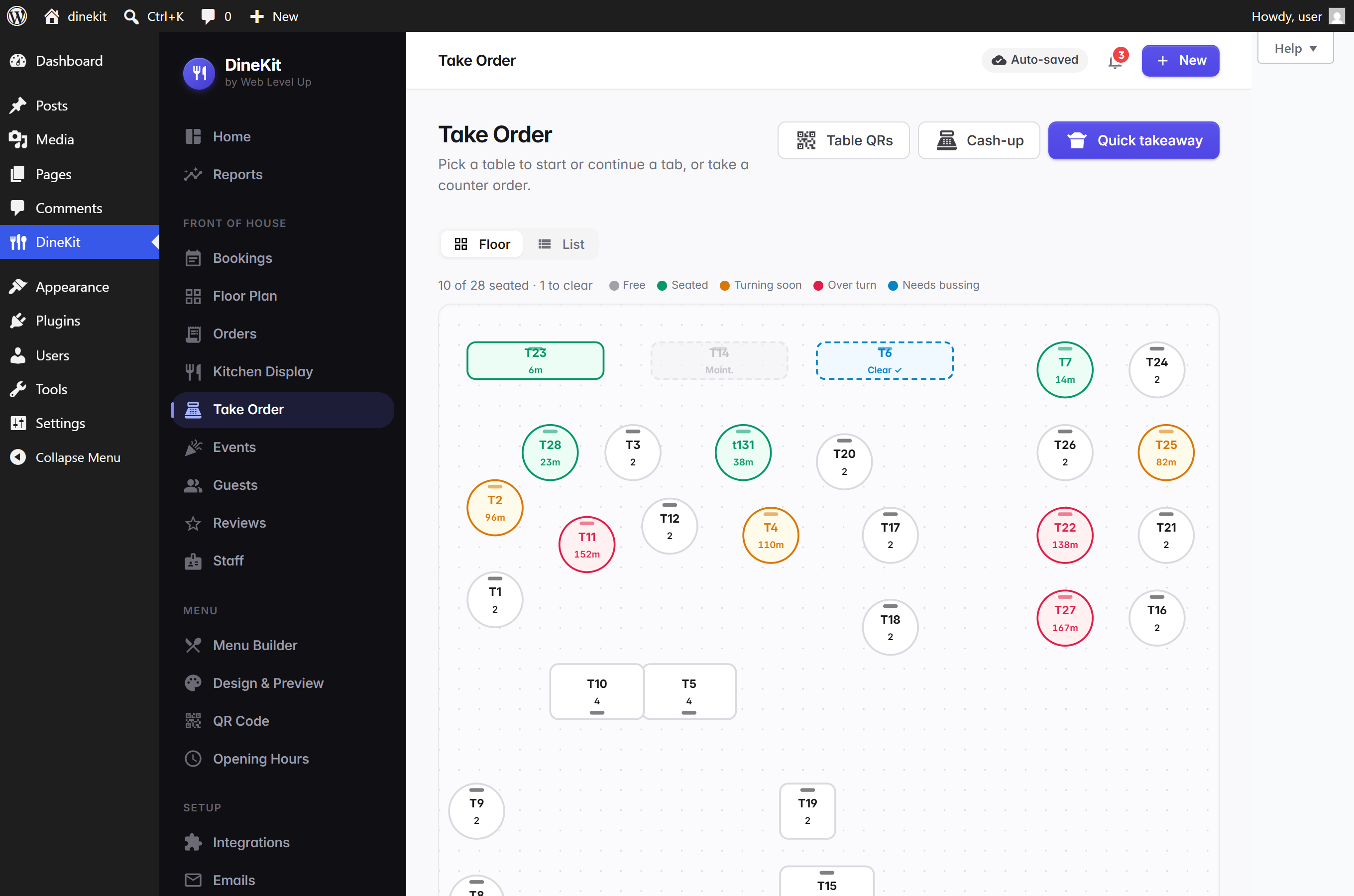 Take Order opens on your live floor plan — every table colour-coded by how long it's been seated (with a timer on each), free tables ready to seat and settled tables flagged for clearing. Tap a table to open its tab, course and fire to the kitchen, split the bill and take any payment.