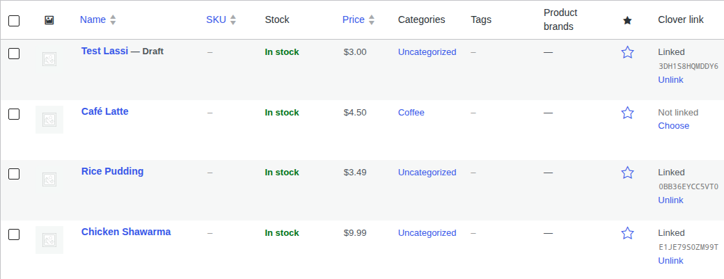 See which Clover item each product is linked to, and fix a link with Choose or Unlink.