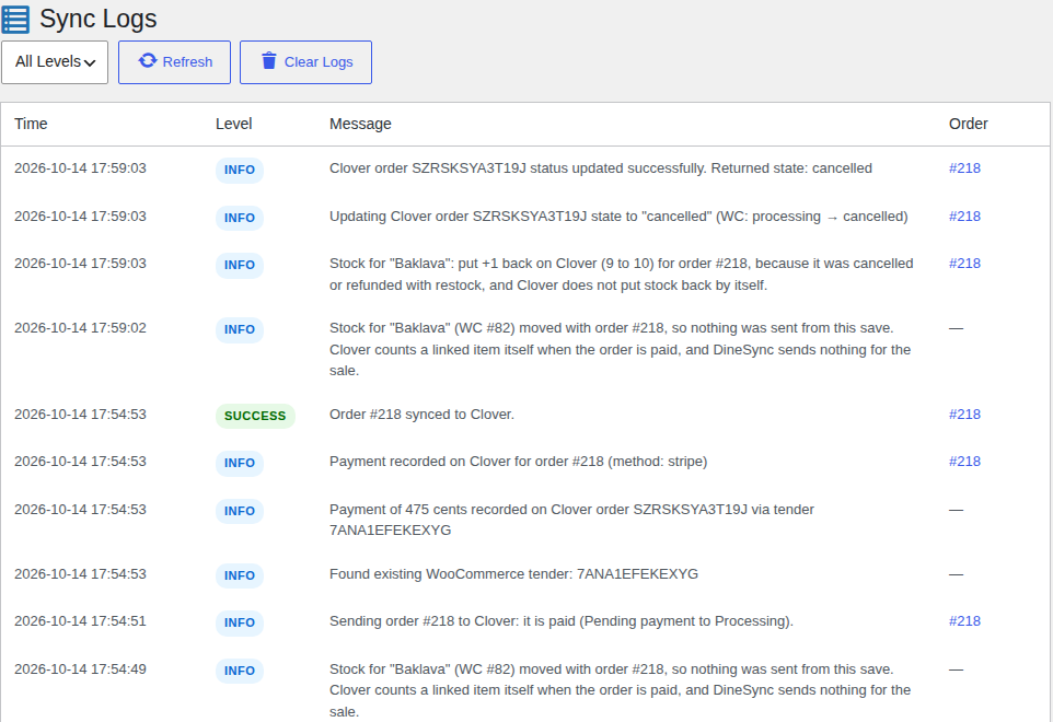The sync log says in plain words what happened to every order and stock change.