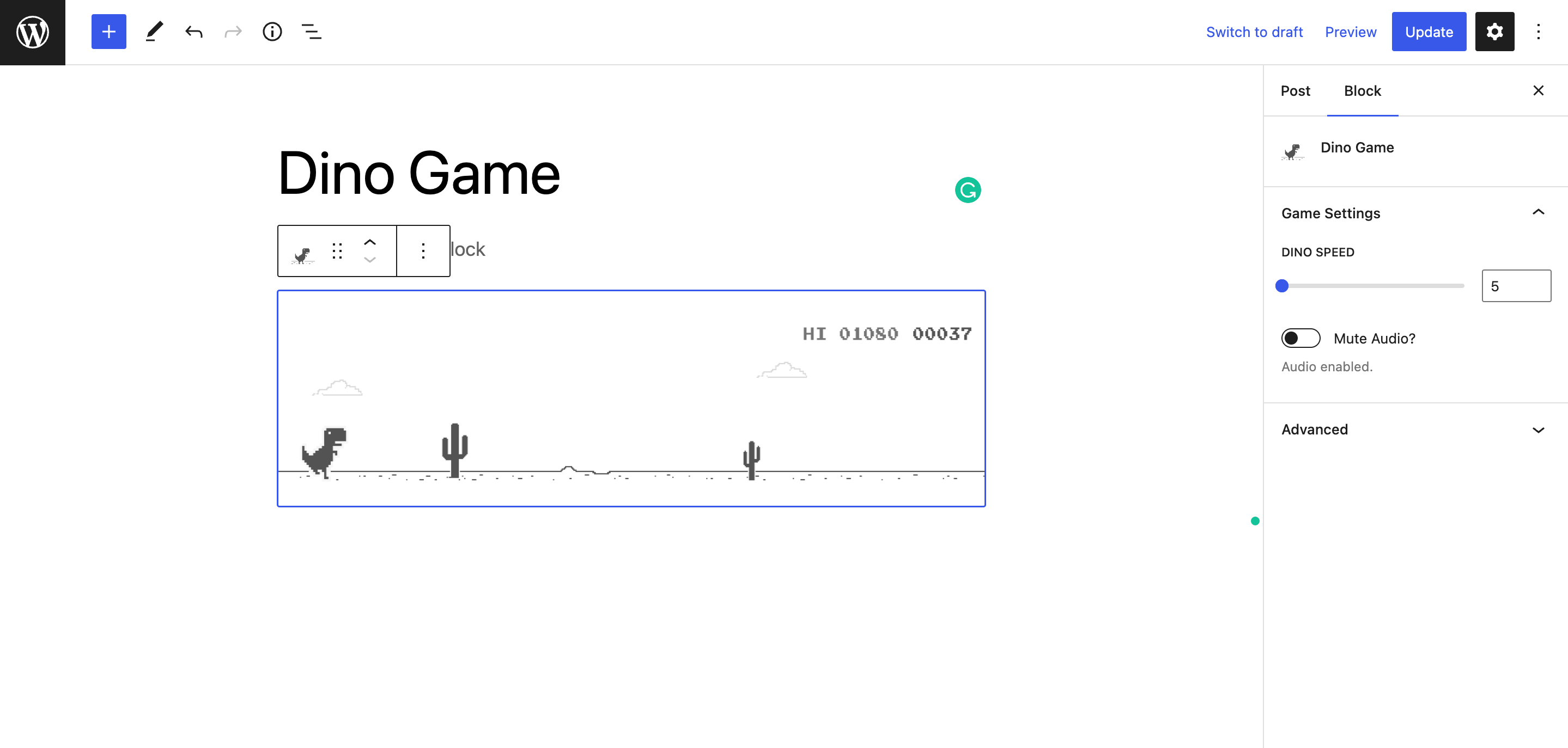Dino Game block editor and preview