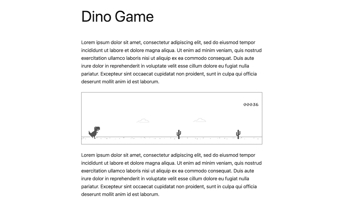 A view of the dinosaur game added within a post