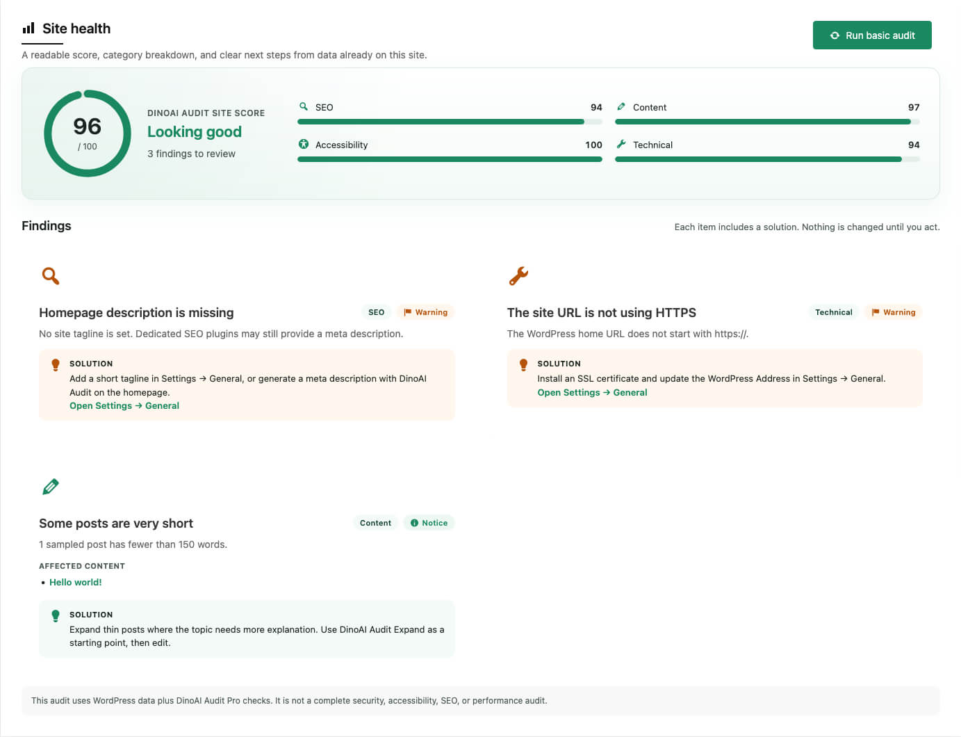 Basic site audit score and recommendations.