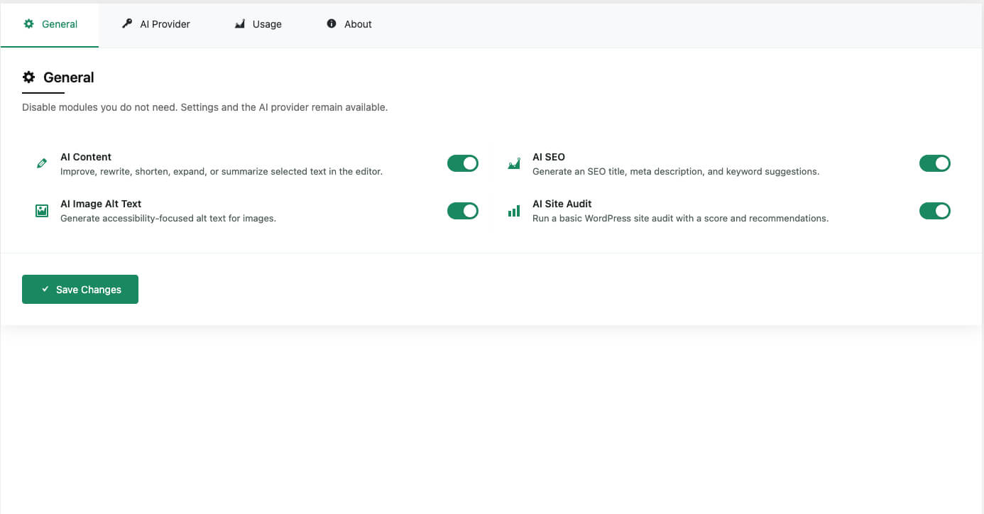 DinoAI Audit settings with AI provider connection.