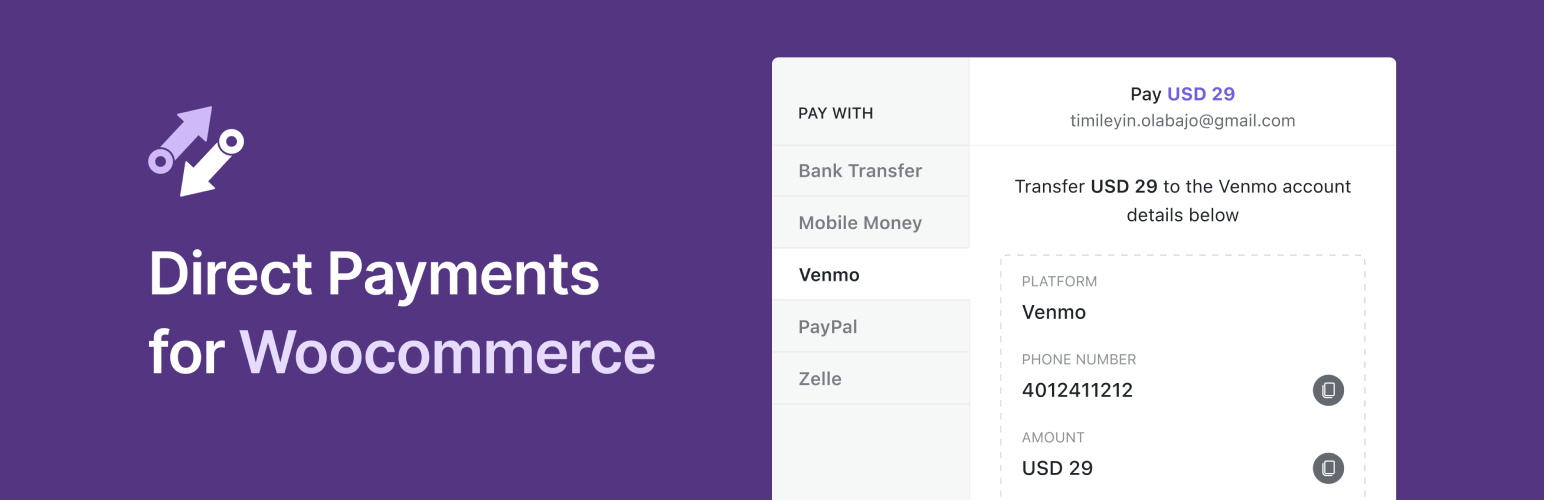 WordPress 外掛 Direct Payments for WooCommerce – Bank Transfer, Mobile Money, Crypto and Peer-to-Peer (P2P) Payments 的封面圖片。