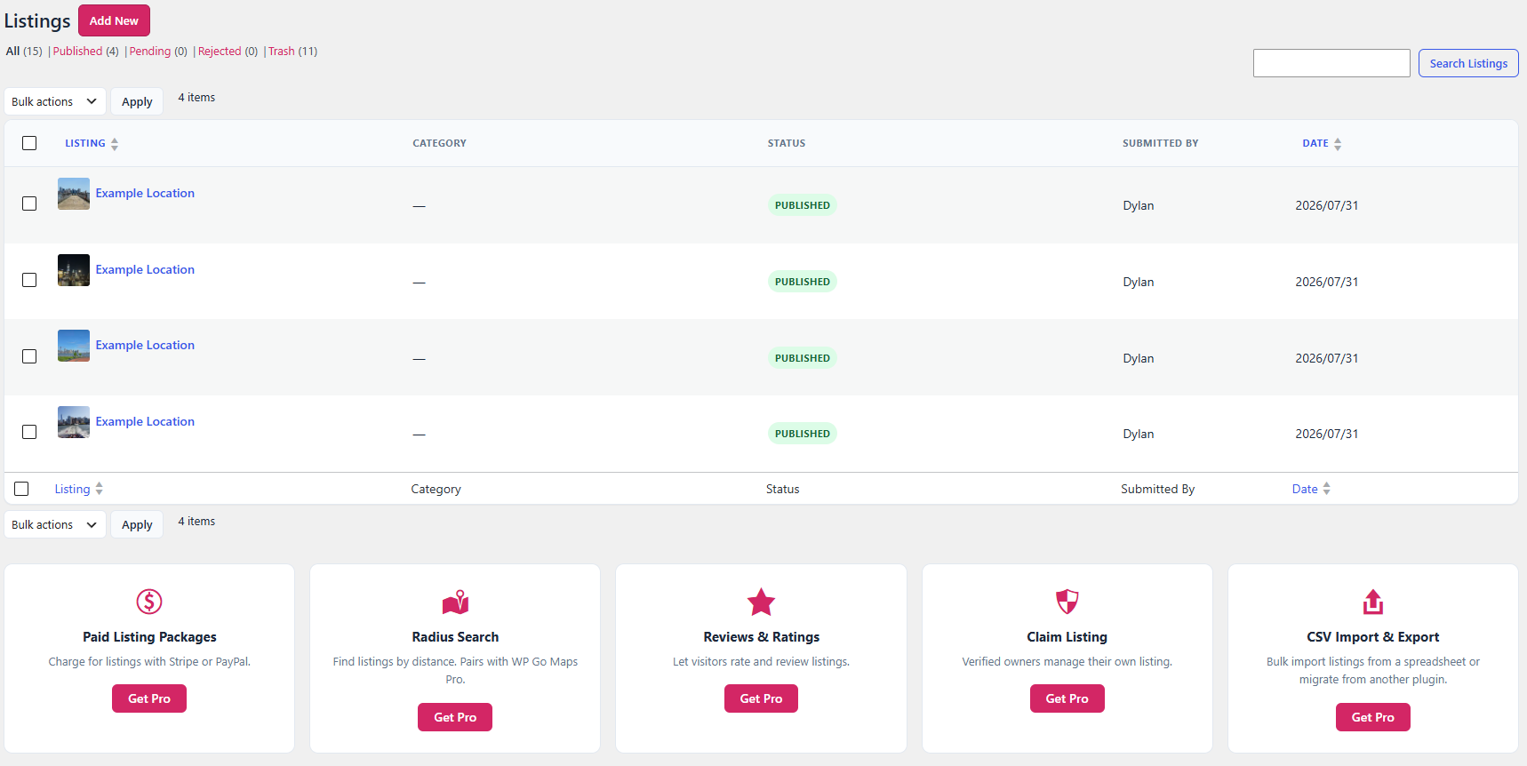 Listings admin screen, with the listing list table, status filter tabs, and quick approve and reject row actions