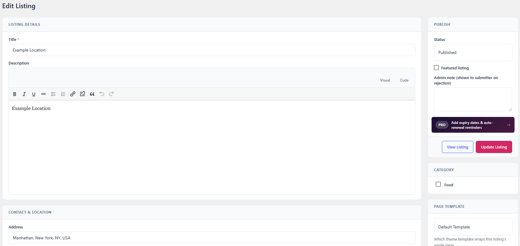 Listing editor, showing standard fields, lat/lng coordinates, business hours, categories, featured image, and status controls