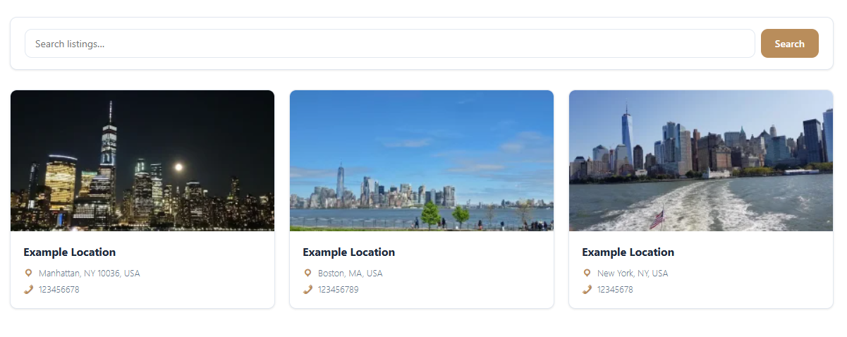 Frontend listing grid, showing image-first cards with category pills, featured badges, and clickable card layout