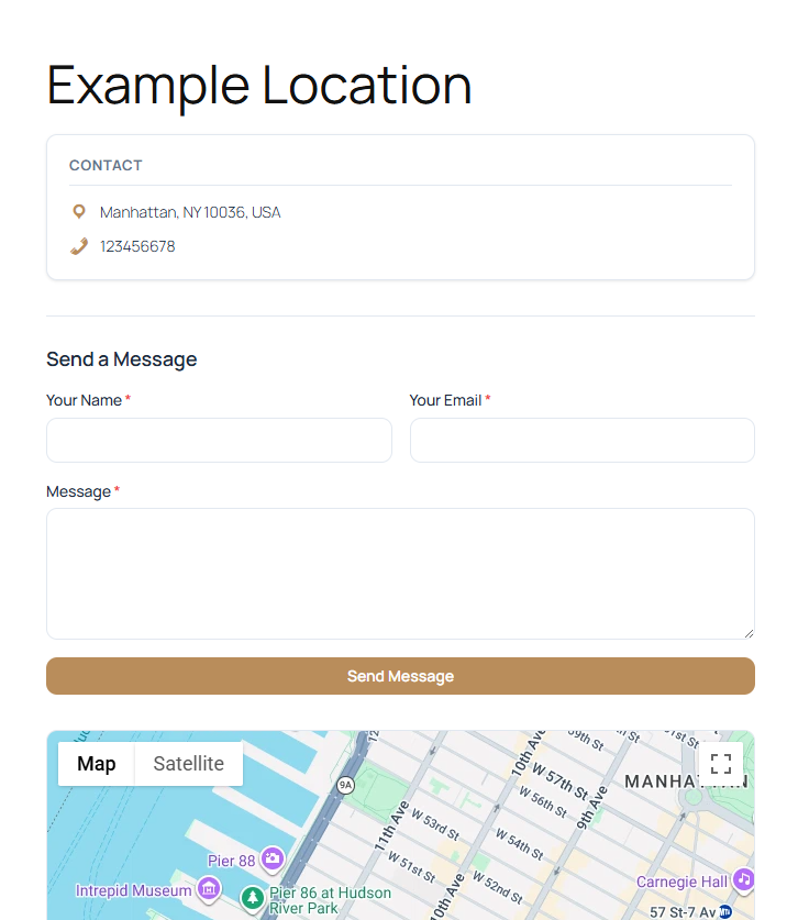 Single listing page, showing the hero image, contact details card, business hours, custom fields, and contact form