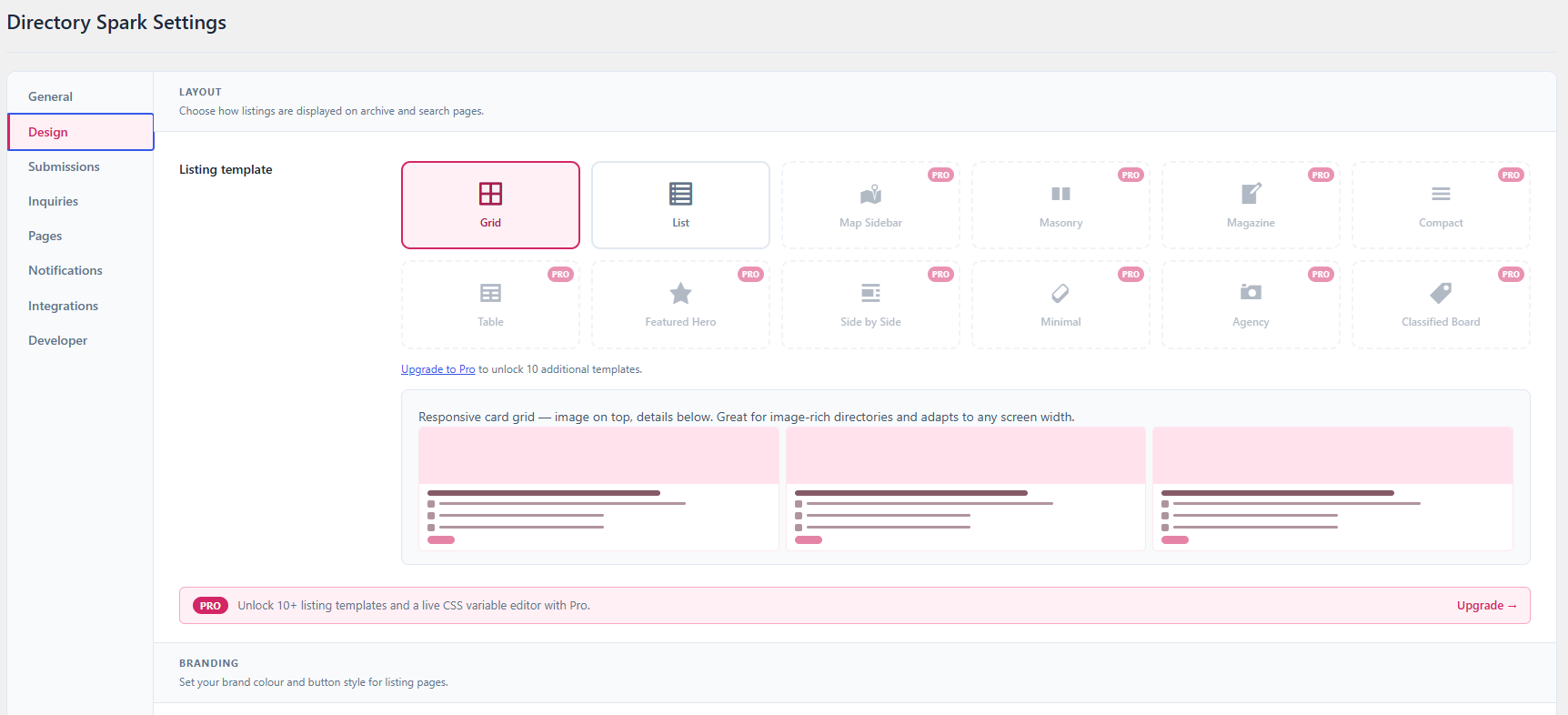 Settings panel, showing the tabbed interface covering design, fields, integrations, and notification controls