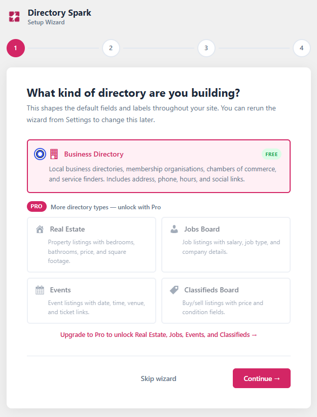 Setup wizard, stepping through directory mode selection, listing label, and automatic page creation