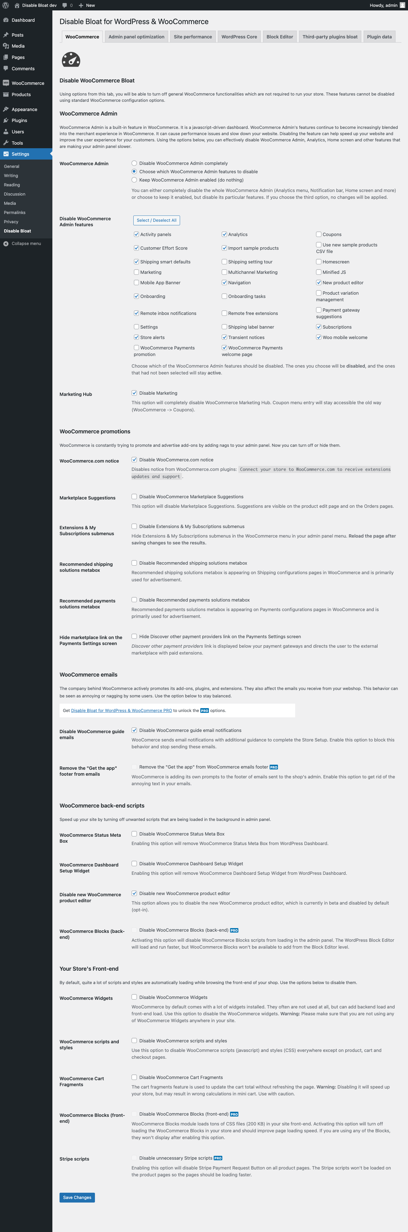Disable WooCommerce Bloat Settings
