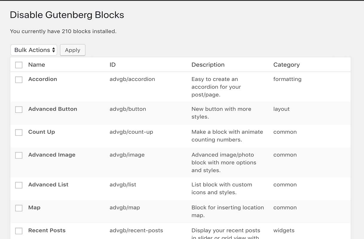 Disable Gutenberg Blocks list.