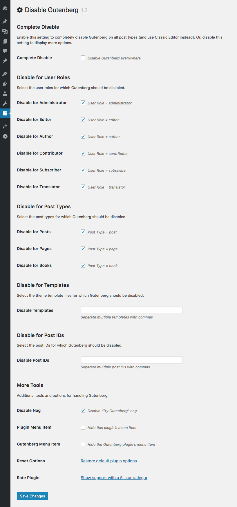 Plugin Settings screen (showing expanded options)