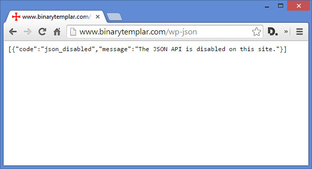The JSON returned by a website with the API disabled via filters (WP versions 4.4, 4.5, 4.6)