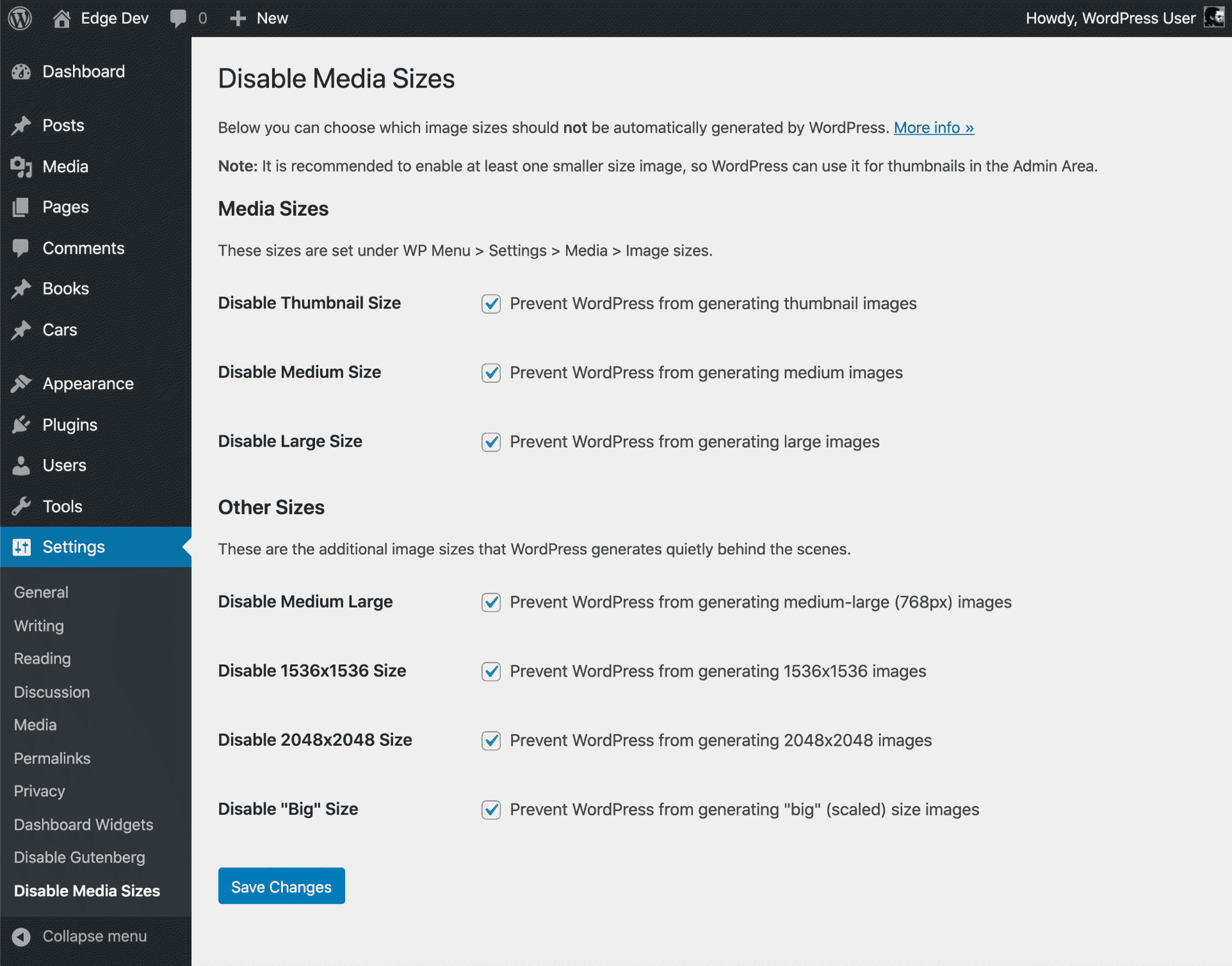 Disable Media Sizes