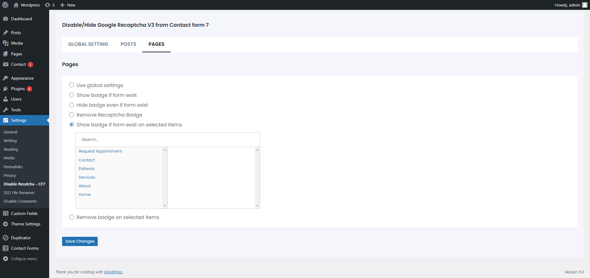 Individual pages settings